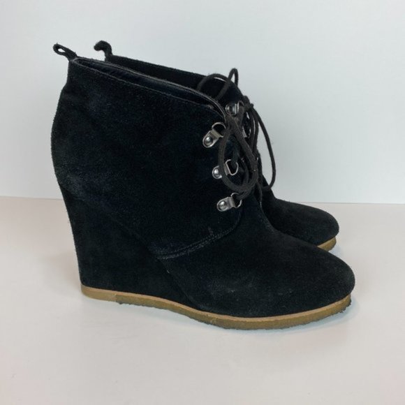Steve Madden Wedge Ankle Booties 8 Black Suede Leather Tanngoo Lace Up - Picture 2 of 11